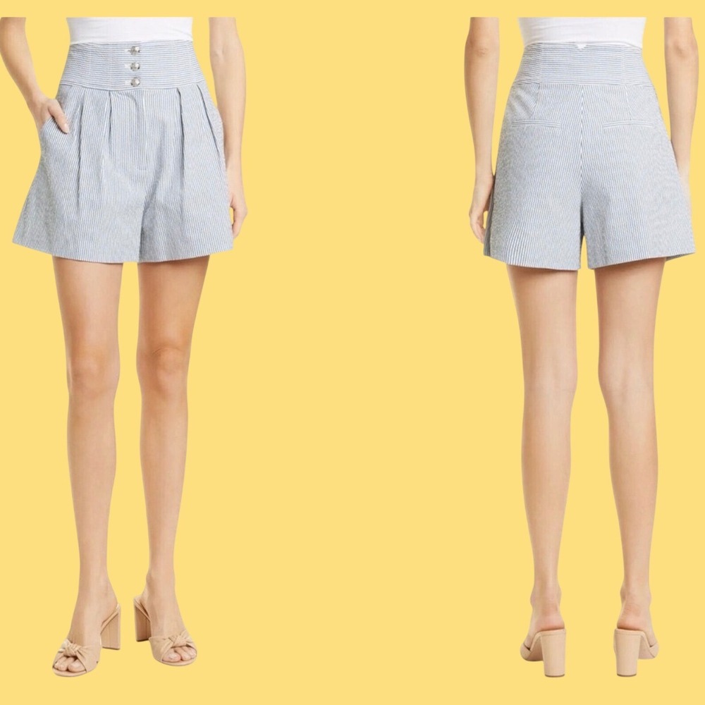Veronica Beard Blue White Seersucker High Waisted Crest Button Shorts Size 0